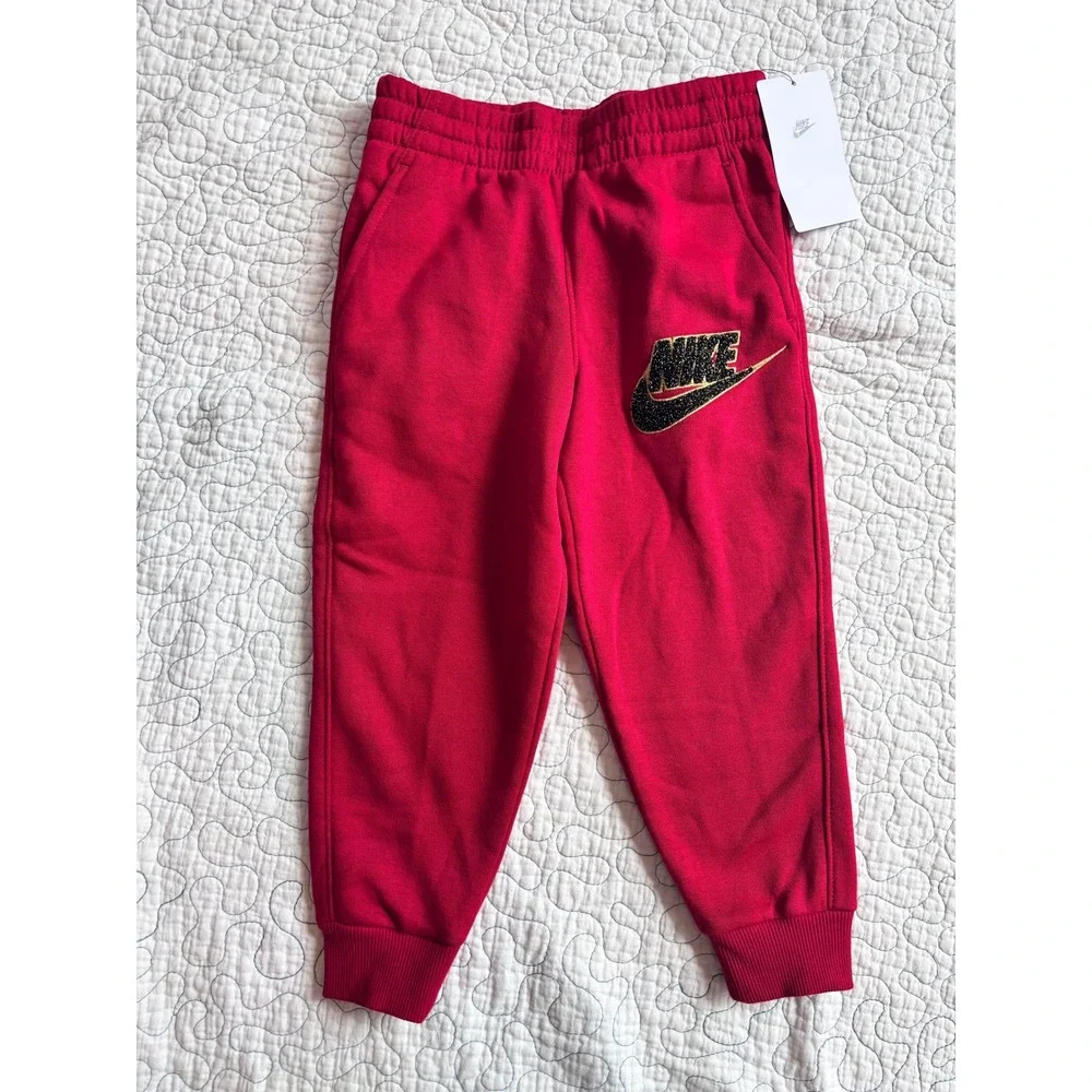 Nike Girls Red Fleece Joggers Glitter Chenille Swoosh Logo Size XS 4